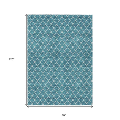 8' X 10' Teal Blue And Ivory Geometric Washable Indoor Outdoor Area Rug