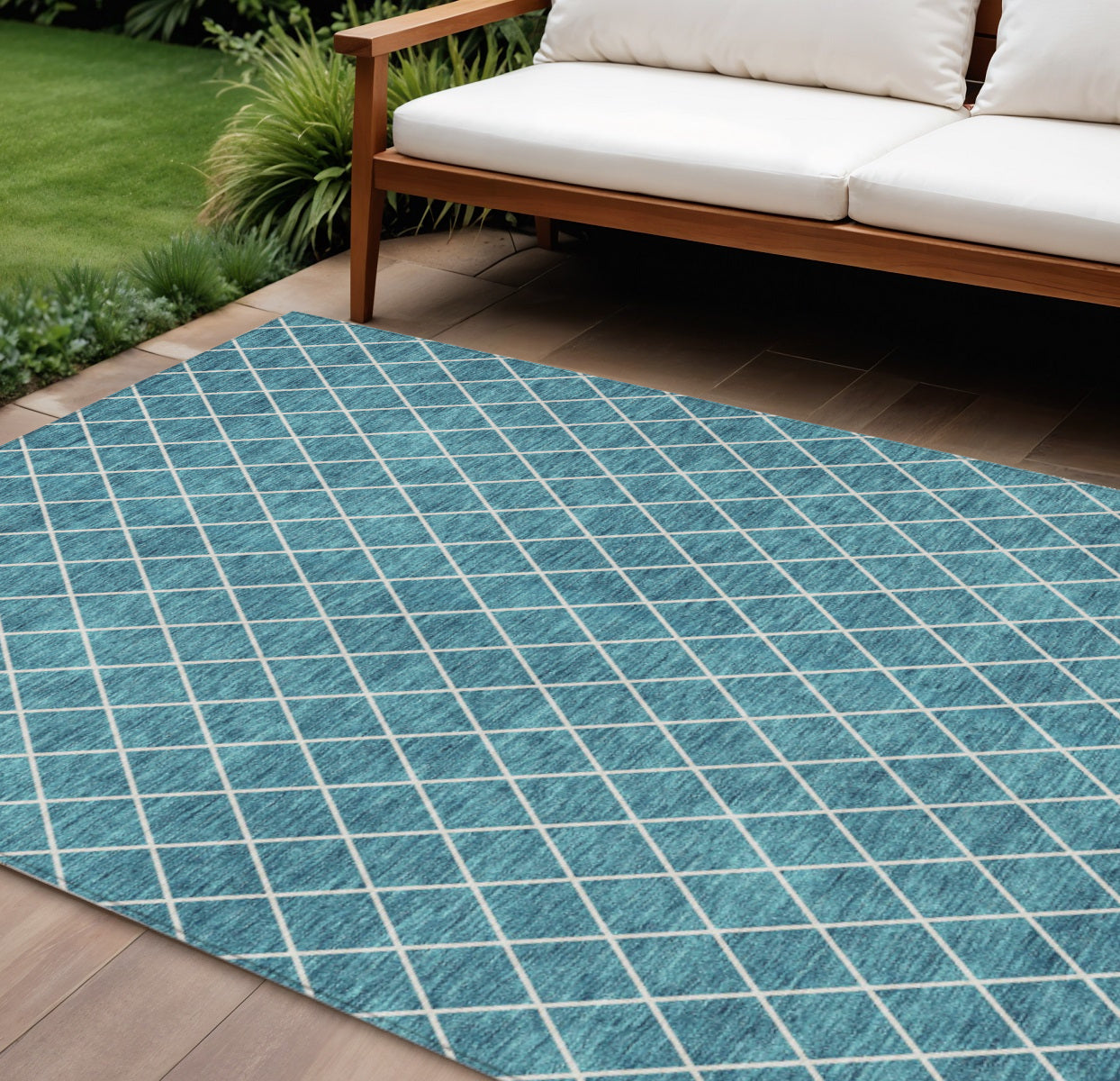 8' X 10' Teal Blue And Ivory Geometric Washable Indoor Outdoor Area Rug