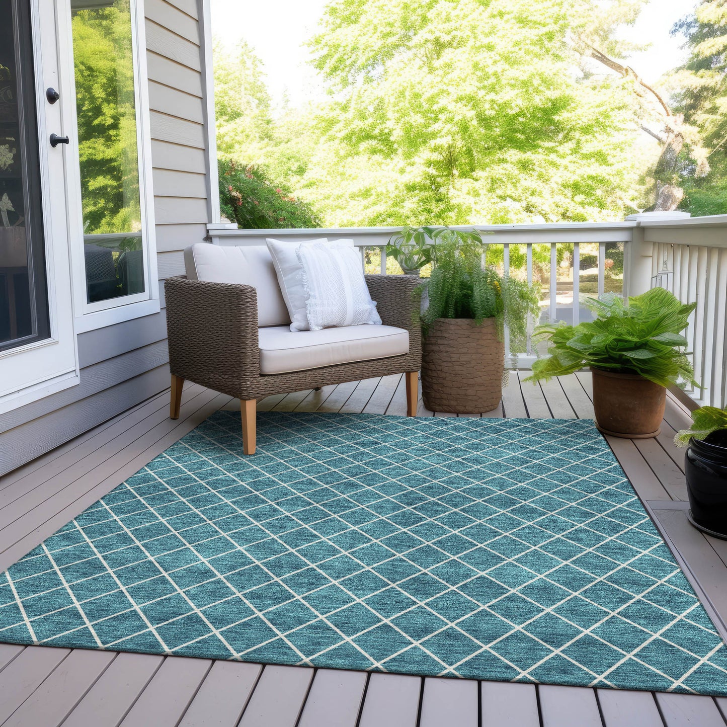 8' X 10' Teal Blue And Ivory Geometric Washable Indoor Outdoor Area Rug