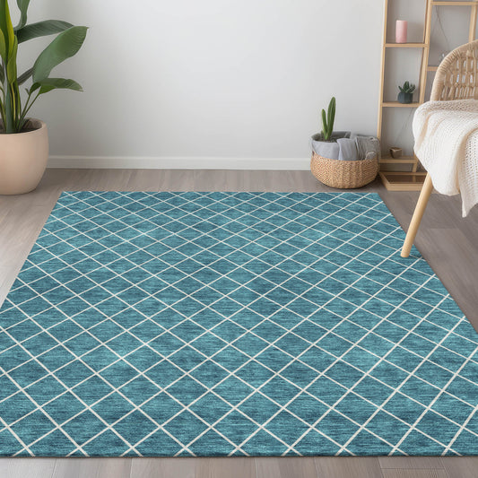 8' X 10' Teal Blue And Ivory Geometric Washable Indoor Outdoor Area Rug