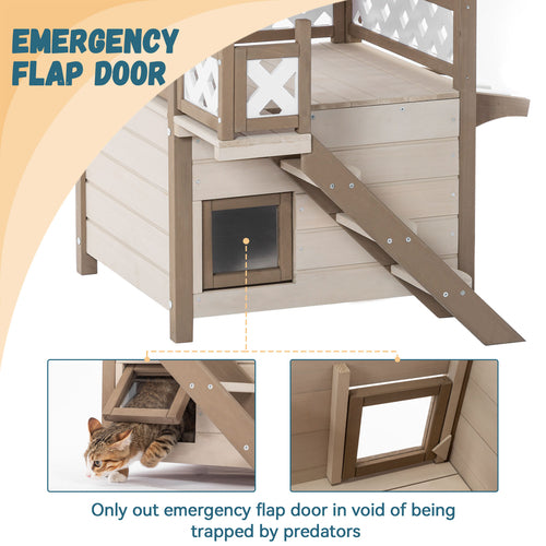 2-Story Outdoor/Indoor Feral Cat House – Cream Wood Shelter w/ Roof & Escape