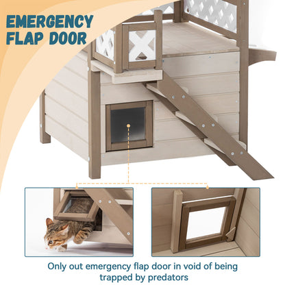 2-Story Outdoor/Indoor Feral Cat House – Cream Wood Shelter w/ Roof & Escape