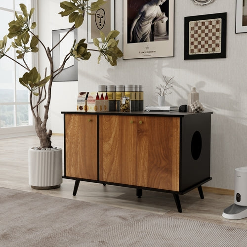 Modern Enclosed Cat Litter Box Cabinet – Black Walnut Bench w/ Storage & Plug