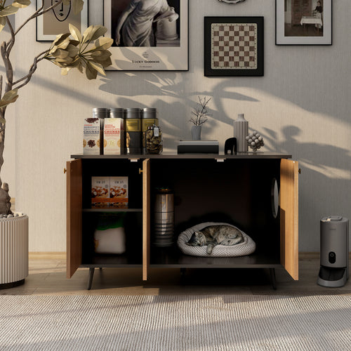 Modern Enclosed Cat Litter Box Cabinet – Black Walnut Bench w/ Storage & Plug