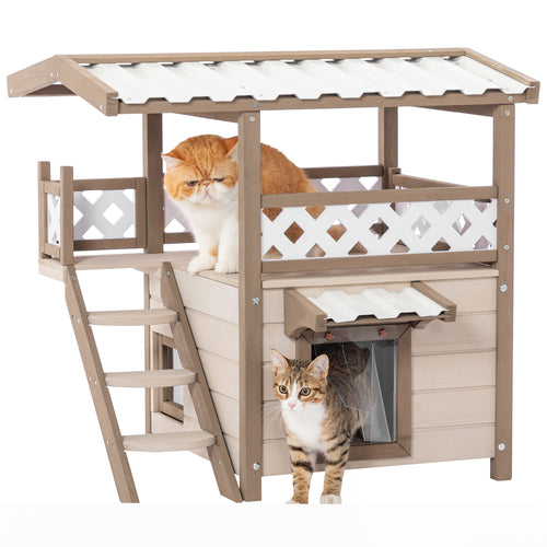 2-Story Outdoor/Indoor Feral Cat House – Cream Wood Shelter w/ Roof & Escape