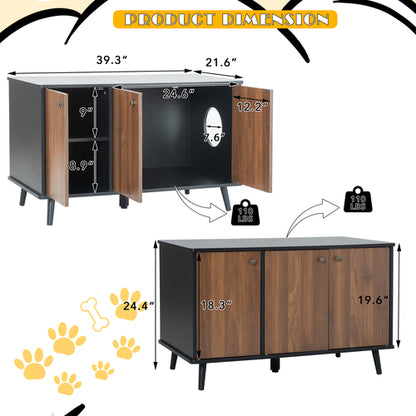 Modern Enclosed Cat Litter Box Cabinet – Black Walnut Bench w/ Storage & Plug
