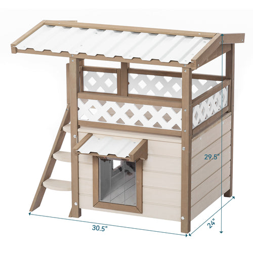 2-Story Outdoor/Indoor Feral Cat House – Cream Wood Shelter w/ Roof & Escape