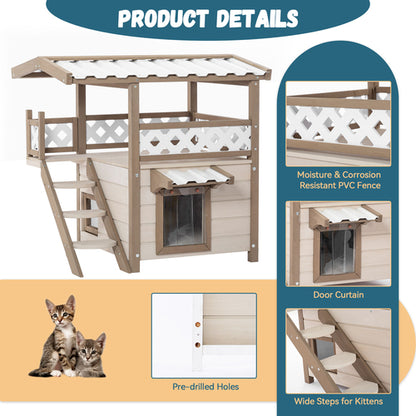2-Story Outdoor/Indoor Feral Cat House – Cream Wood Shelter w/ Roof & Escape
